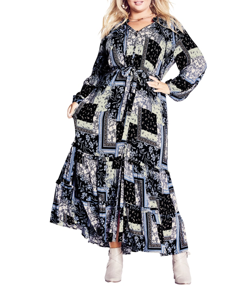 Front of a model wearing a size 18 MAXI ZADIE in Folk Patch by Aveology. | dia_product_style_image_id:300236